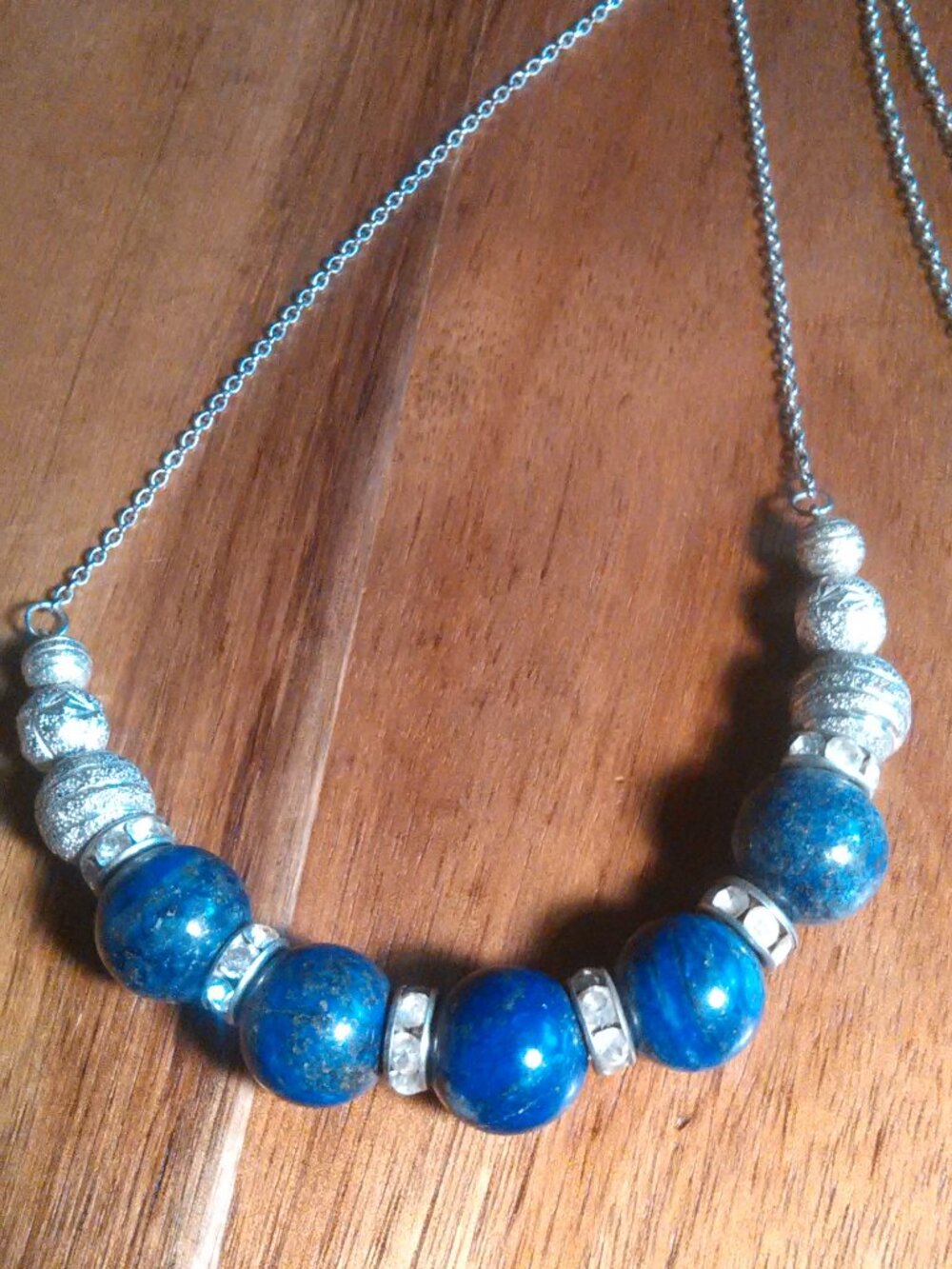 Beaded Lapis Lazuli and White Crystal Silvertone Necklace (18 Inch)
